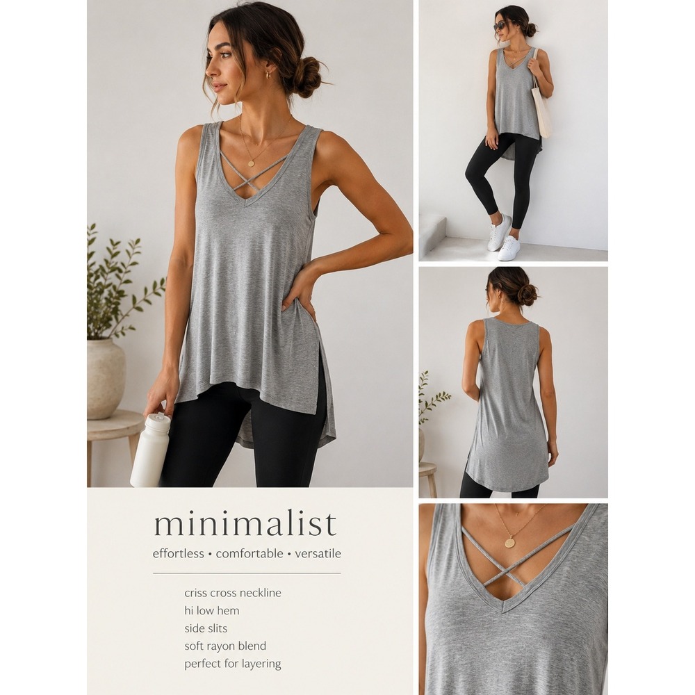 Around M Gray Criss Cross V‎ Neck Tank Top Hi Low Rayon Soft Casual Minimal